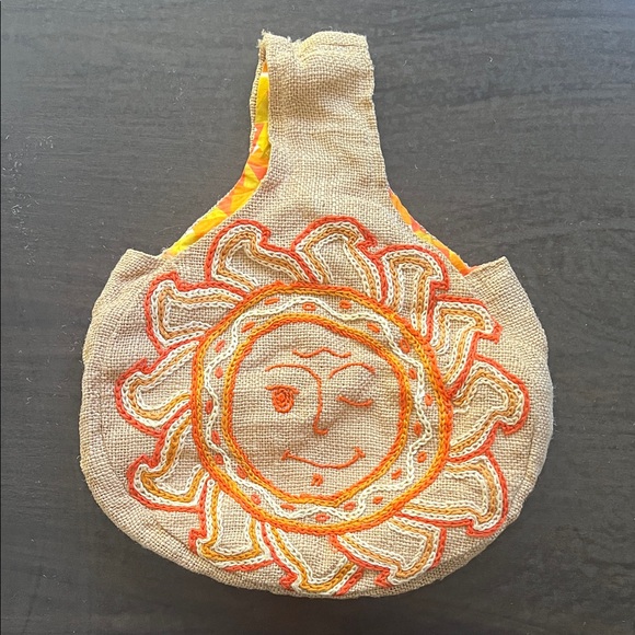 🌞 Handcrafted Vintage Jute Bag | Winking Sun Motif | Retro Liner 🌞 - Picture 1 of 10
